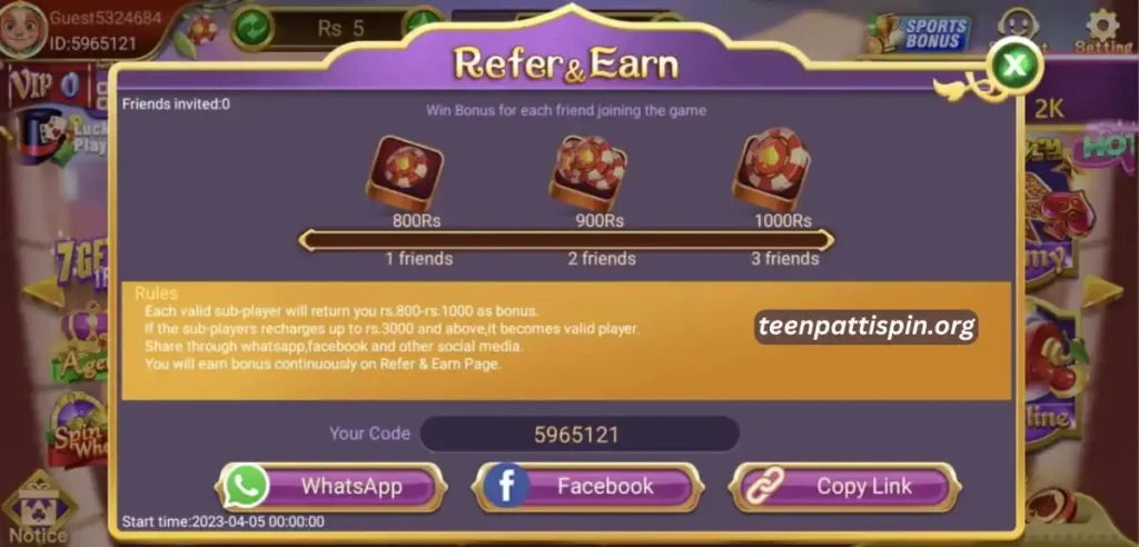 Refer and Earn in 3 Patti Spin